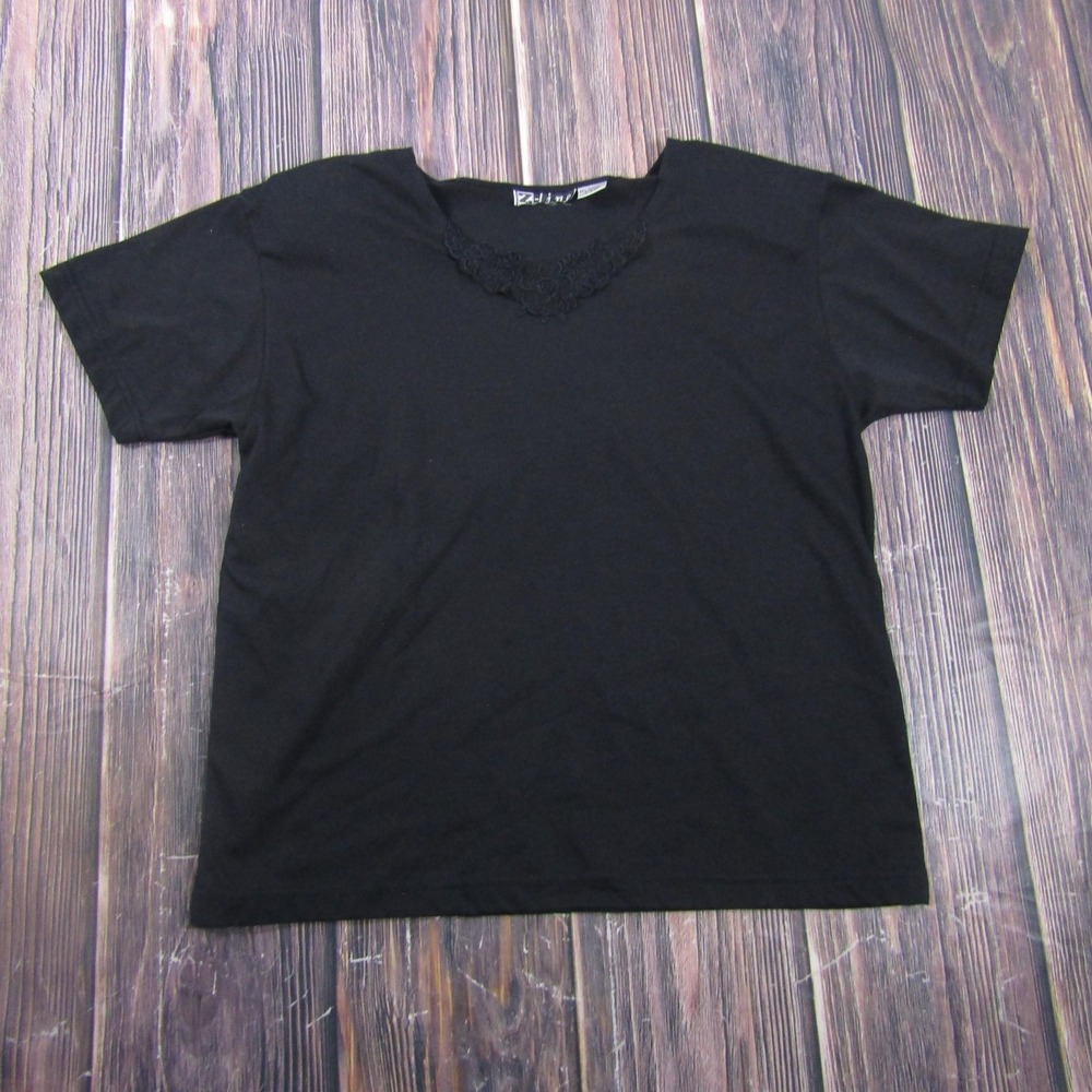 Z-LINE T-Shirt Womens XL Black V-Neck Crochet Short Sleeve Granny Core
